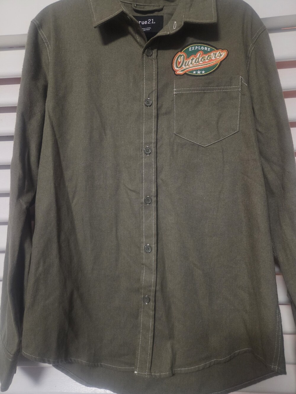 Rue21 Olive Green Long-Sleeve Button-Up with 'Explore Outdoors' Patch